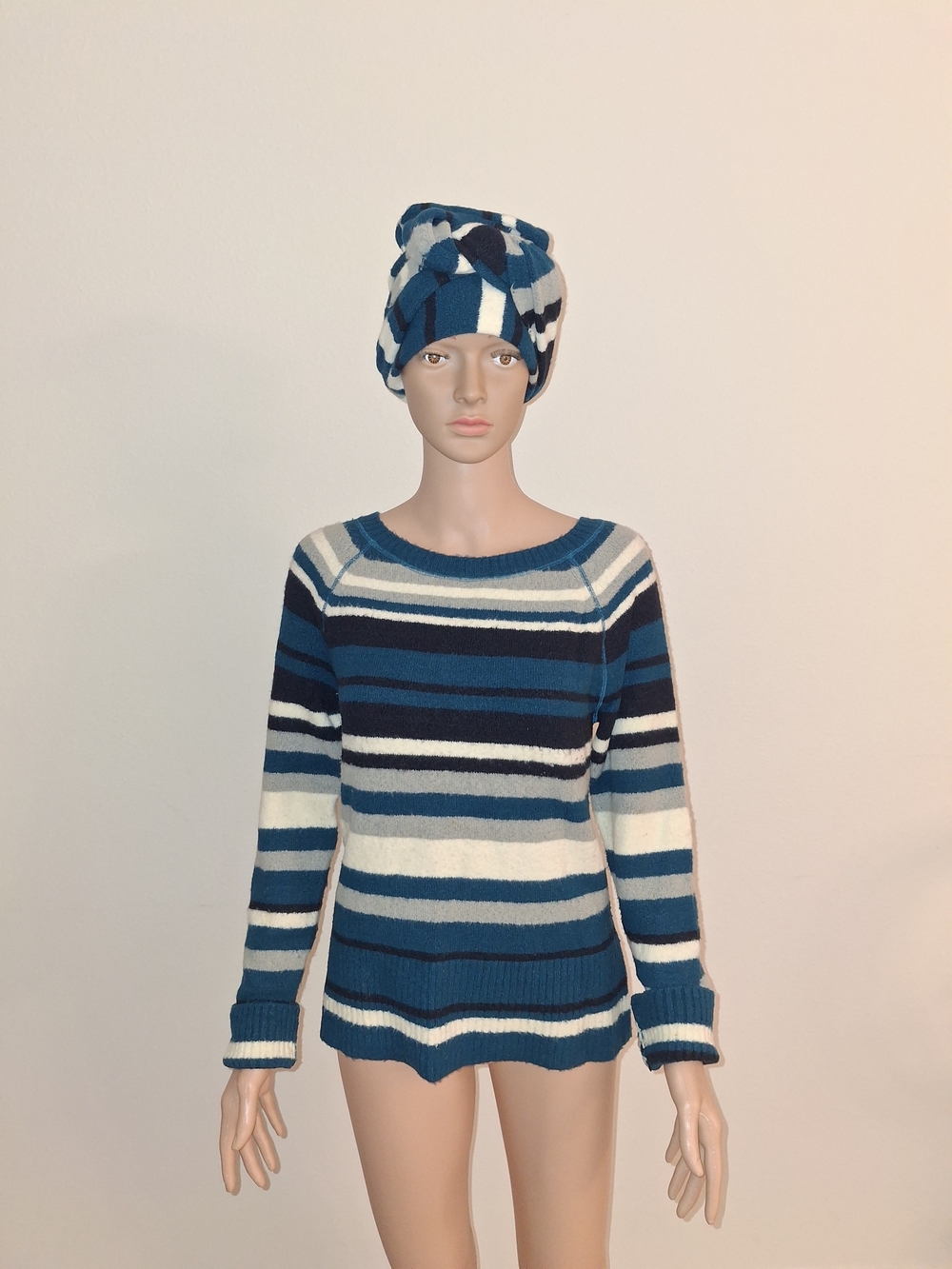 St. John's Bay Teal, Navy & White Striped Crewneck Sweater
